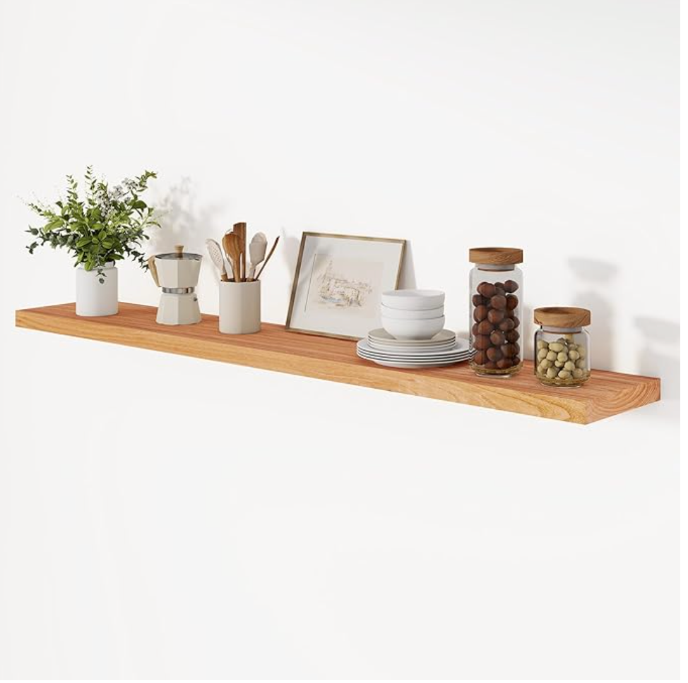 Floating Shelf, 8 Inch Deep Rustic Solid Elm Wood Wall Shelves for Storage,