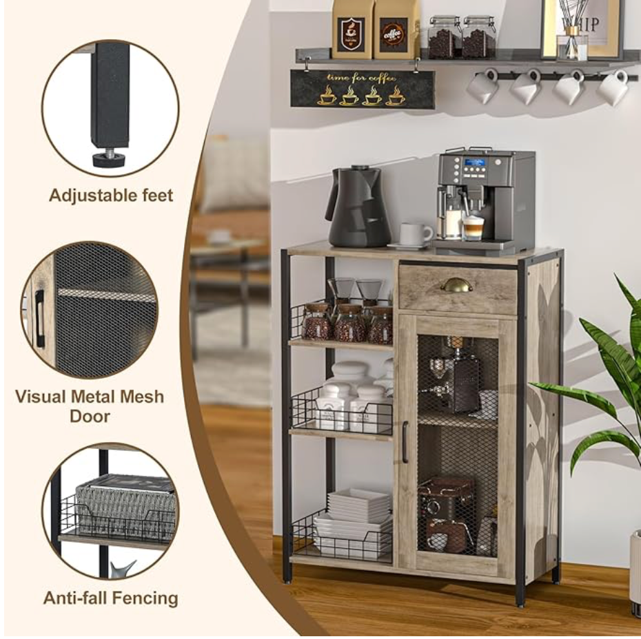 3 Tier Coffee Bar Table with Storage Drawer, 35.8" H Adjustable Shelf Farmhou...