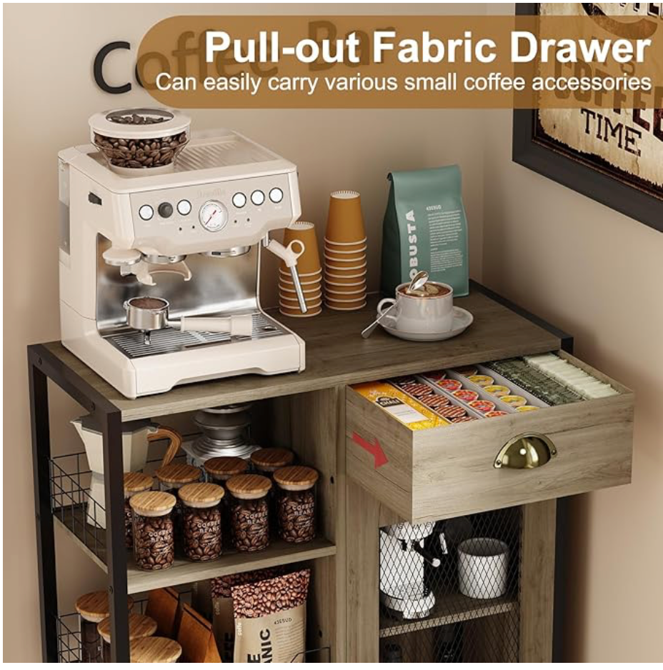 3 Tier Coffee Bar Table with Storage Drawer, 35.8" H Adjustable Shelf Farmhou...