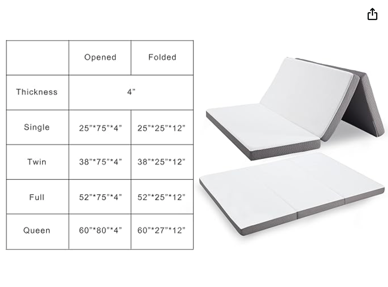 Tri-fold Mattress, 4 Inch Single Memory Foam Portable Mattress, Fordable Matt.