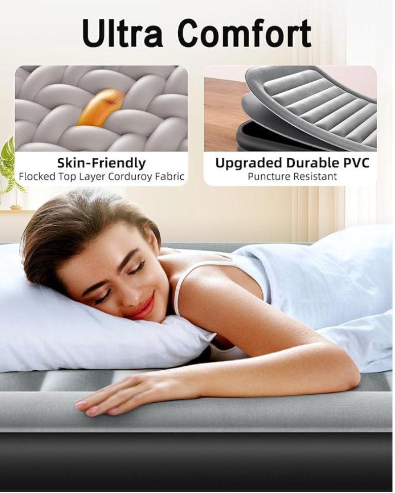 20" Queen Air Mattress with Built in Pump Upgraded Auto Stop Electric Air Pump
