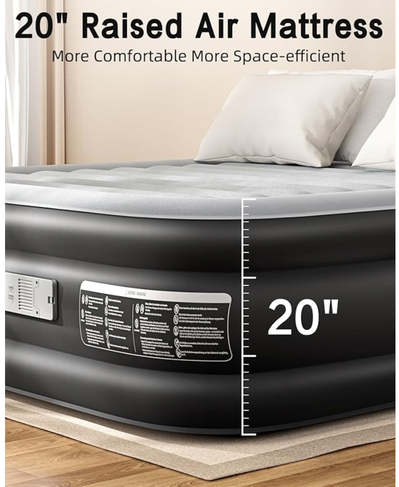 20" Queen Air Mattress with Built in Pump Upgraded Auto Stop Electric Air Pump