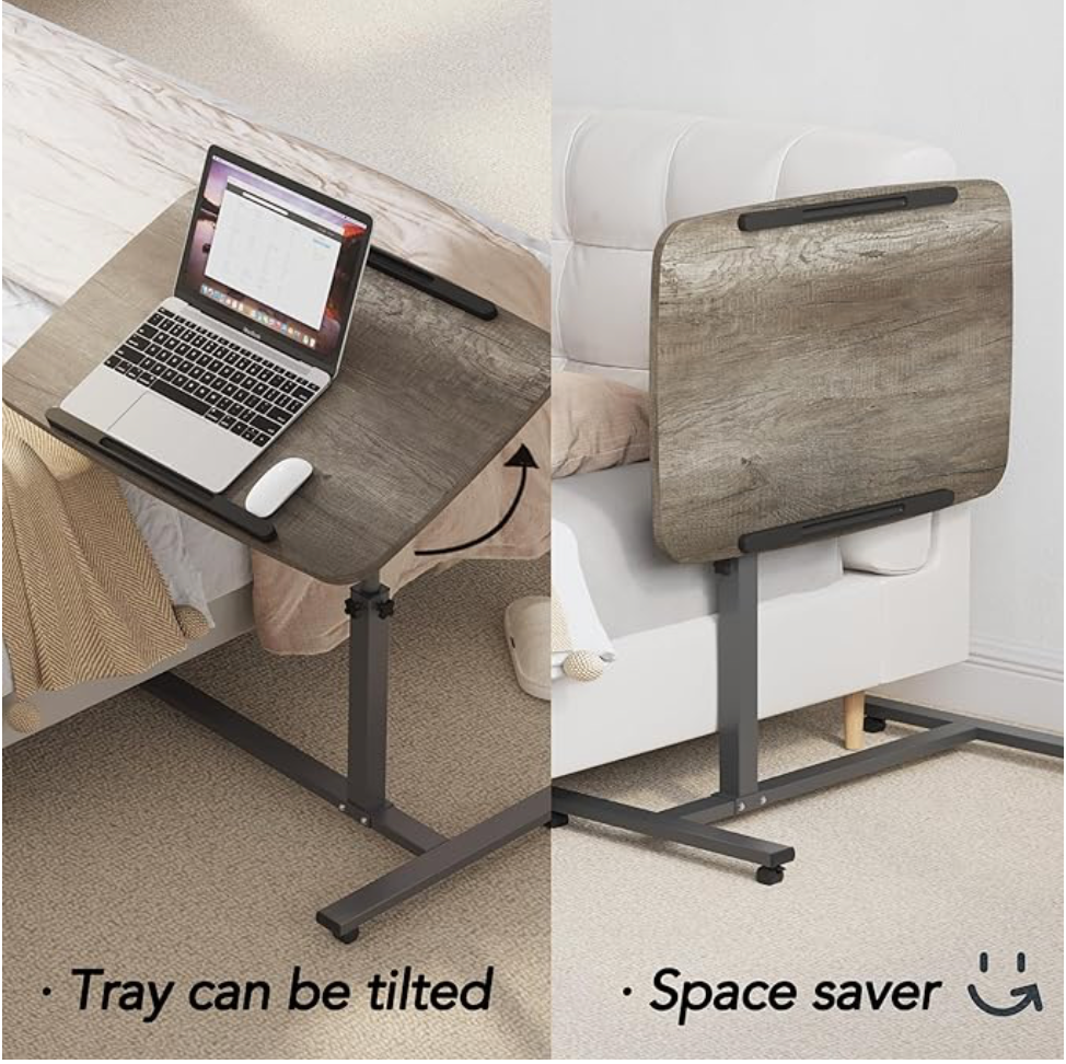 Adjustable Overbed Bedside Table with Wheels Rolling Laptop Tray Desk Cart
