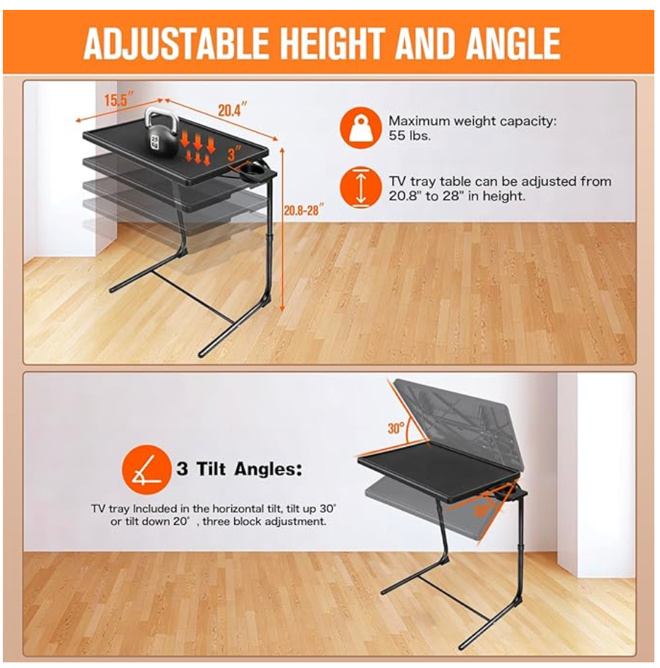TV Tray Table, TV Dinner Table with 3 Tilt Angles and 6 Height Adjustments SET OF 2