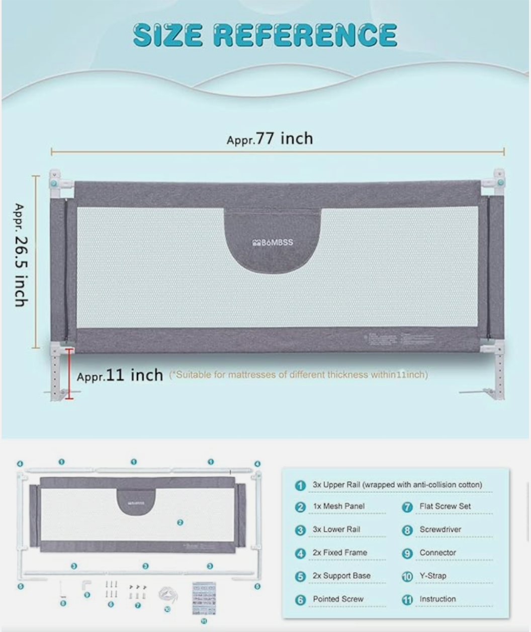 MBQMBSS 2 Pack, 77" Toddler Bed Rail Guards for King/Queen Size Beds, Grey