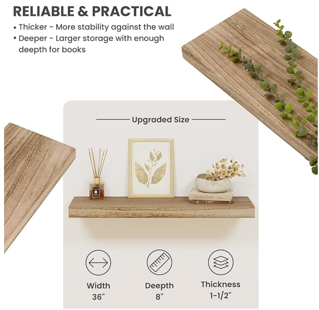 36 inch Wood Floating Shelves for Wall, 8 inch Deep Solid Wood Wall Shelves f